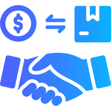 Payroll Graphic depicting a handshake, currency symbol, and package exchange.
